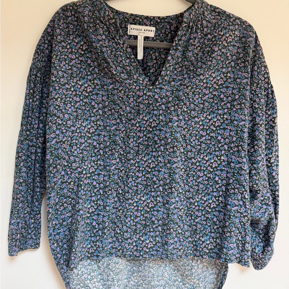 Apiece Apart Navy Blue Floral V-Neck Blouse
